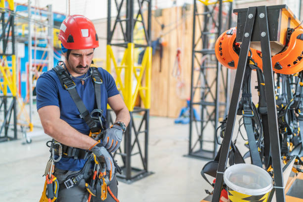 Myharness Durable safety harness hanging neatly on workshop wall showing comfort stitching secure buckles professional protection gear ready for daily use