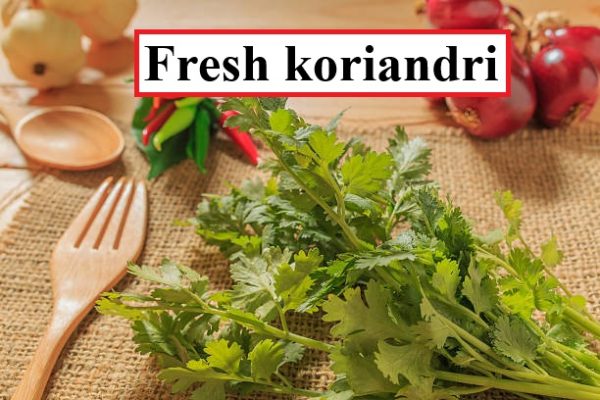Fresh koriandri leaves arranged on wooden kitchen table with natural light showing bright green organic herbs